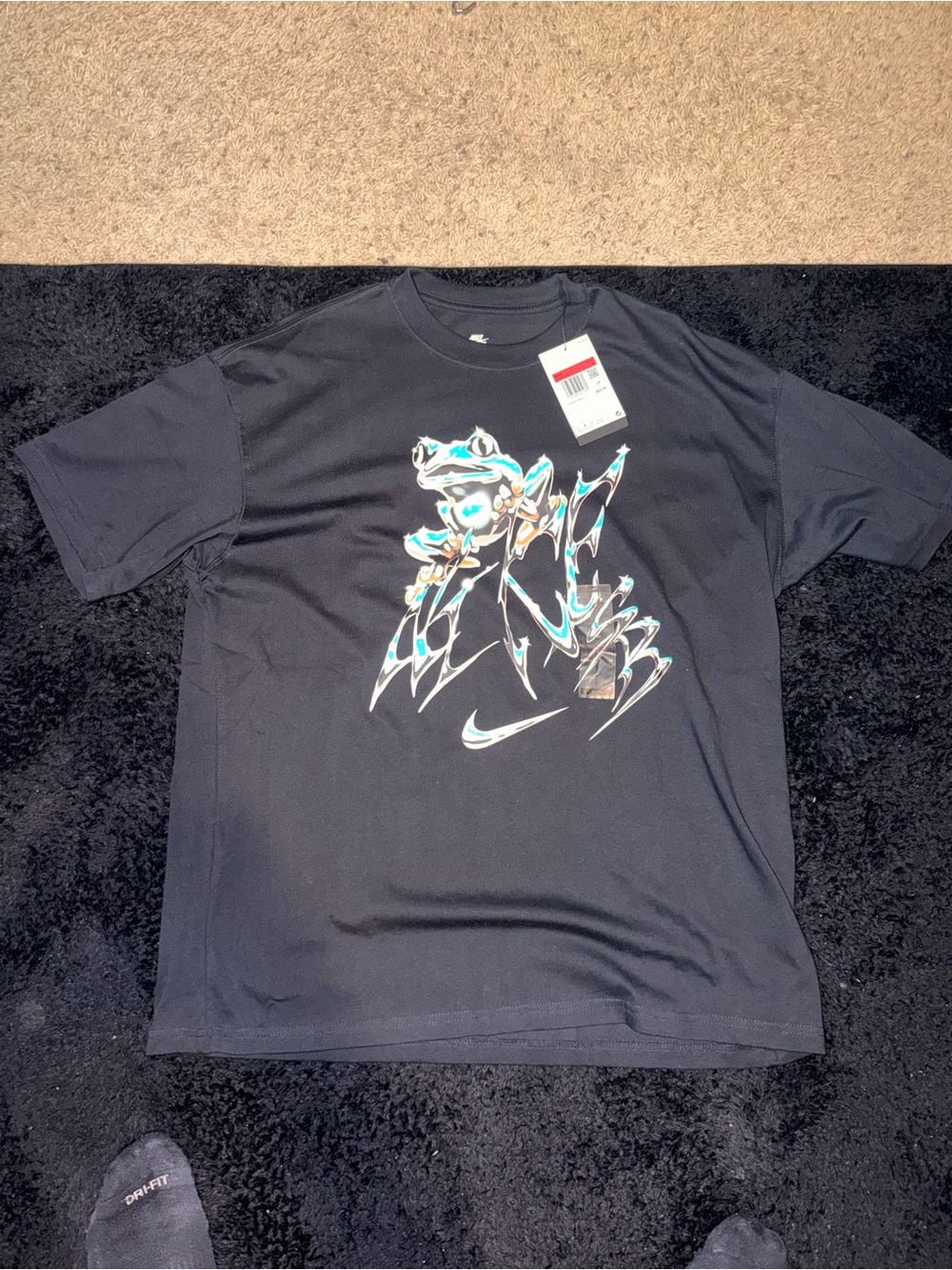 Nike Black Graphic Short Sleeve Tee with Multicolor Frog Design